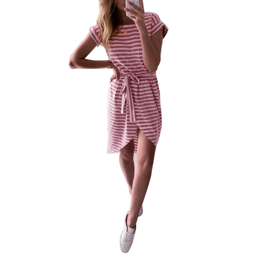 

Women 2020 Striped Mini Dress Elegant Short Sleeve Round-Neck Shirt Dress with Belt Asymmetrical Sundress