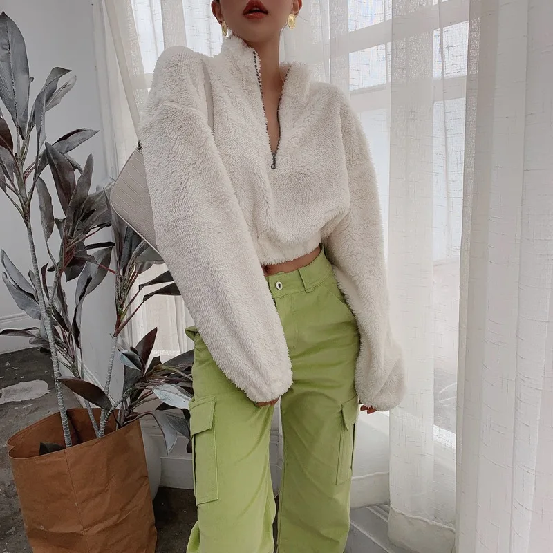 Women Winter Autumn Lambs Wool Warm Pullovers Zipper Long Sleeve Cropped Tops Female Loose Casual Sweatshirts Outwear | Женская одежда