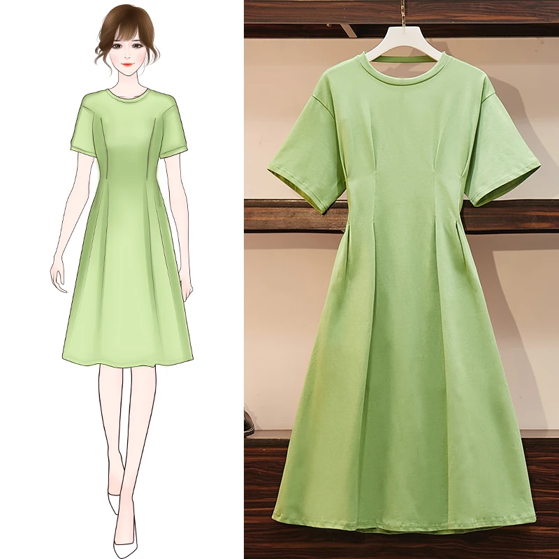 

Summer New Style French Dress Small Fresh Skirt Short Sleeve Avocado Green Waist Dress