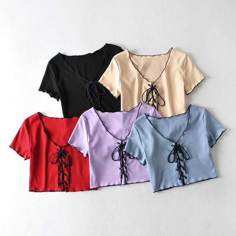 Женский короткий топ с V образным вырезом и коротким рукавом|short sleeve crop top|crop toptee