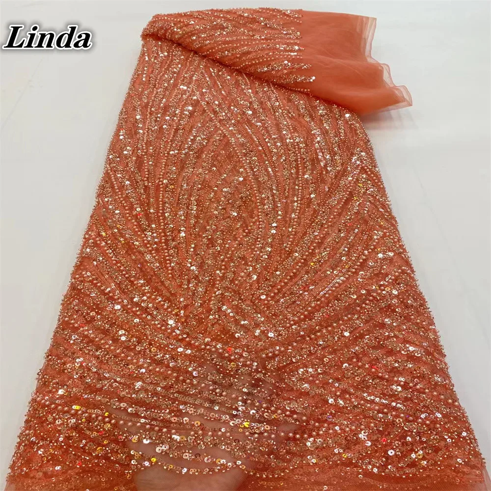

Linda New Luxury African Sequin Beaded Lace Fabric 2021 French Net Sequence Embroidery Nigerian for Wedding Party navy dress