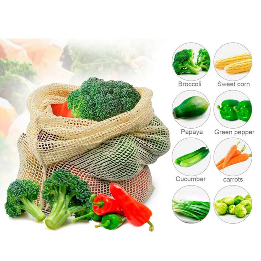 

3 Pcs Cotton Mesh Bags Reusable Washable Drawstring Vegetable Bags Fruit Organization Bag