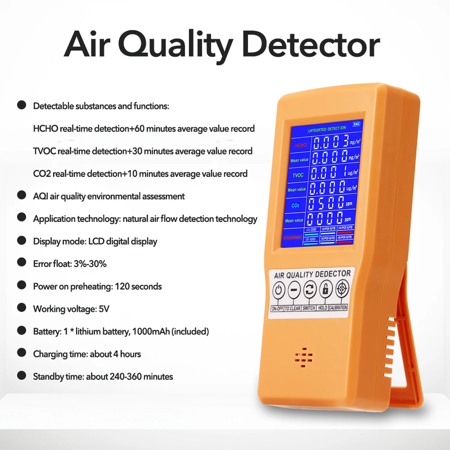 

Multifunctional Gas Detector Digital Display High Accuracy HCHO TVOC CO2 Detector Air Quality Analyzer Monitor