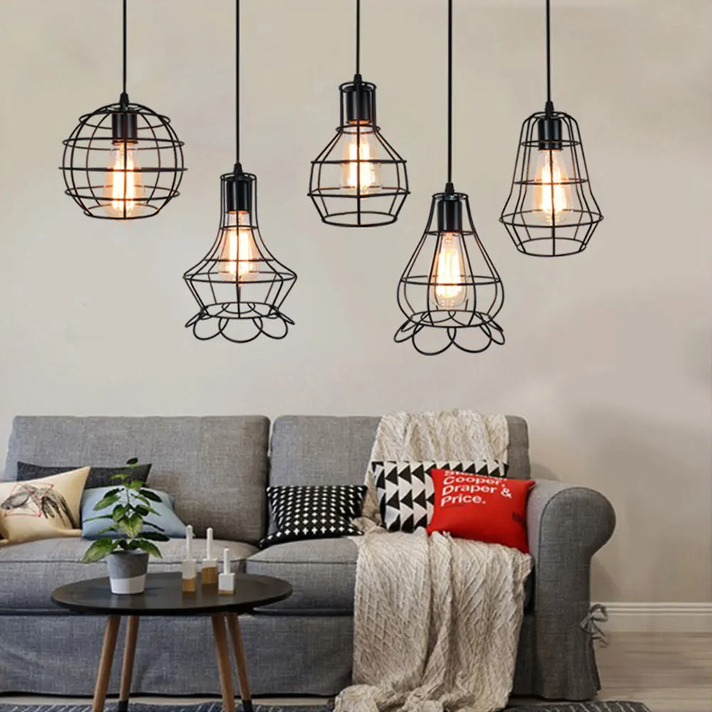 

Modern Pendant Light Black Iron Hanging Cage Vintage Led Lamp E27 Industrial Loft Retro Dining Room Restaurant Bar Counter