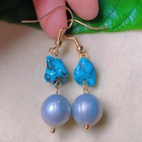 natural white round fresh water pearl blue turquoise gold earrings gift gift cultured holiday gifts valentines day classic