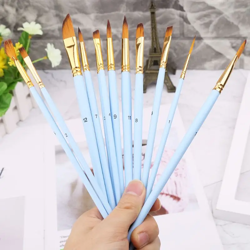 

2021 New 12pcs/set Artist Paint Brush Set Nylon Hair Watercolor Oil Painting Supplies Different Shape Pointed Tip
