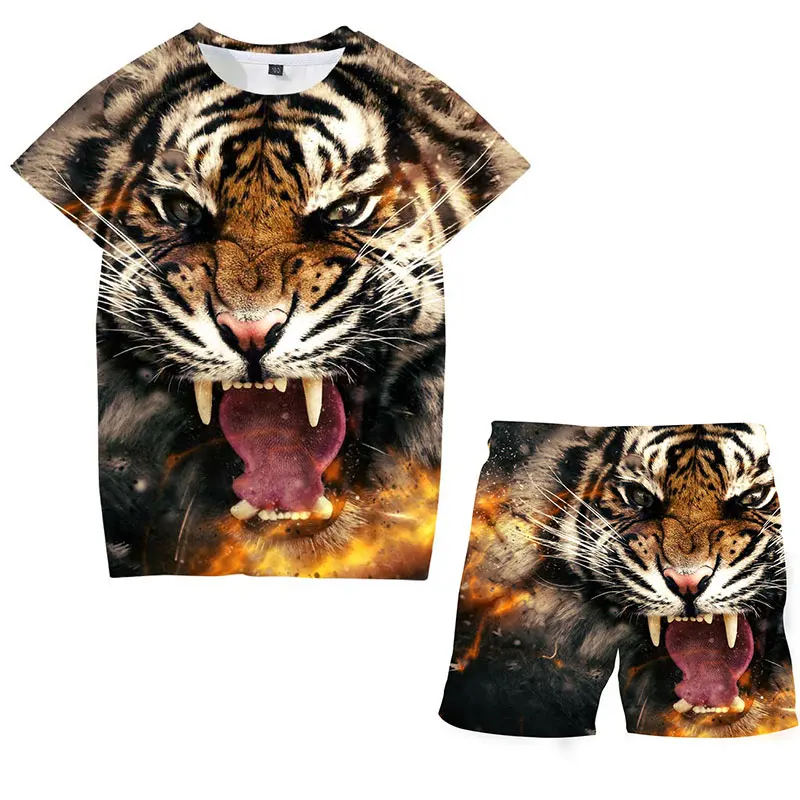 

2021Male Tracksuit tiger short homme Summer Men Sets Sporting Suits Short Sleeve T Shirt+pants men clothing 2 Piece Set animal