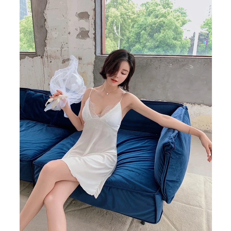 

New sexy two-piece skirt dress summer summer Korean thin section solid color spring and autumn long robe satin home service