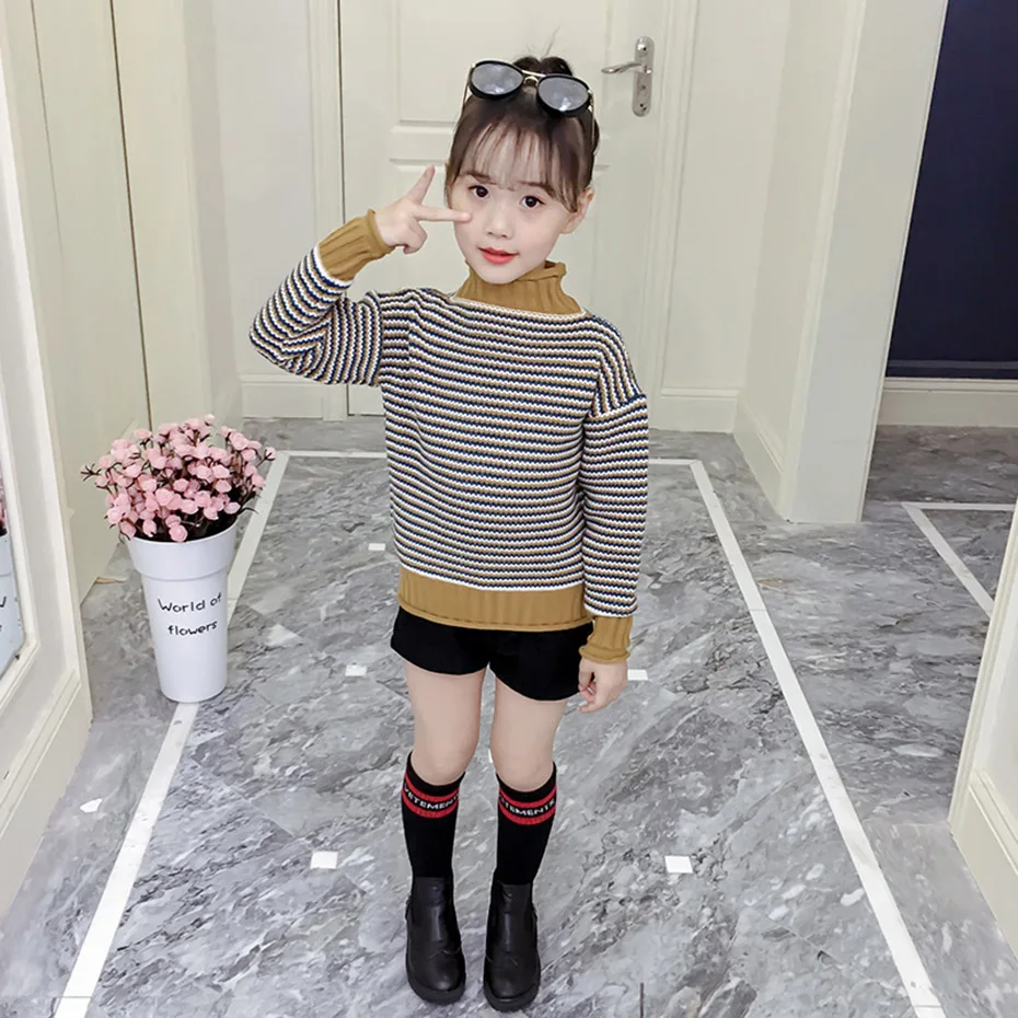 Детский кардиган в полоску с высоким воротом свитер длинными рукавами для