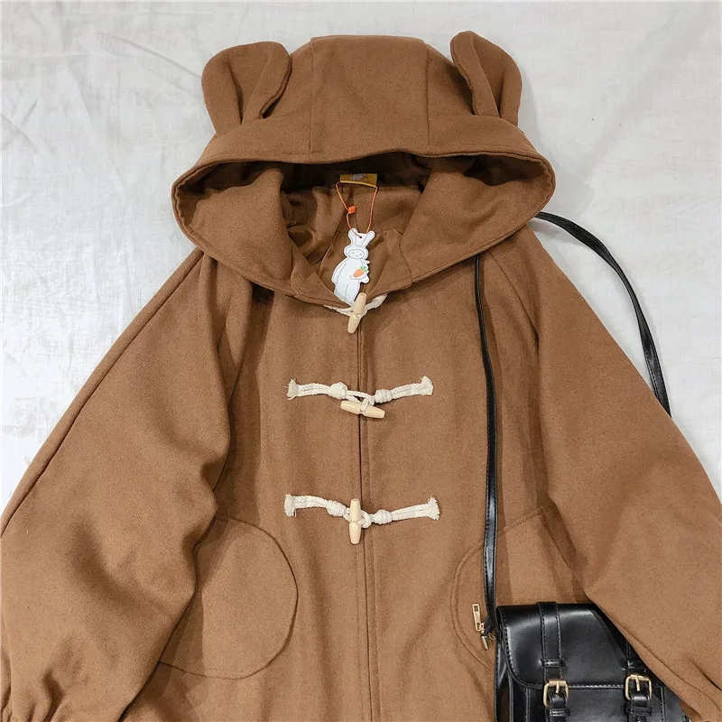 

Autumn Winter Woolen Cloth Jacket Women Japanese Vintage Cute Bear Ears Hooded Coat Girl Lantern Sleeve Overcoat Student Tops