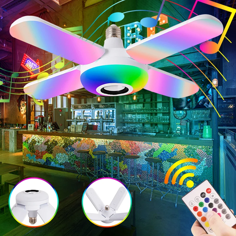 

LED Four-Leaf Remote Control Smart Audio Bluetooth Music Lamp 50W RGB Colorful White Light Folding Bulb Light KTV Stage Light