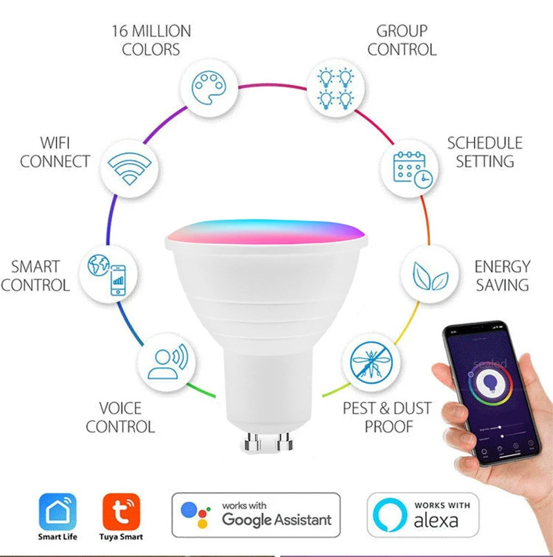 

GU10 WiFi Smart Light LED Bulb 6W RGBCW Tuya Spotlight Dimmable Lamps Work With Alexa Google Smart Life Remote Control AC85-265V