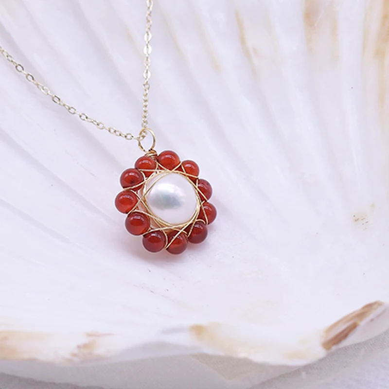 

Ownjoie Natural Freshwater Pearl Necklace for Women Red Agate Original Handmad Luxury Real Pearl Necklace Pendant WOMAN JEWELRI