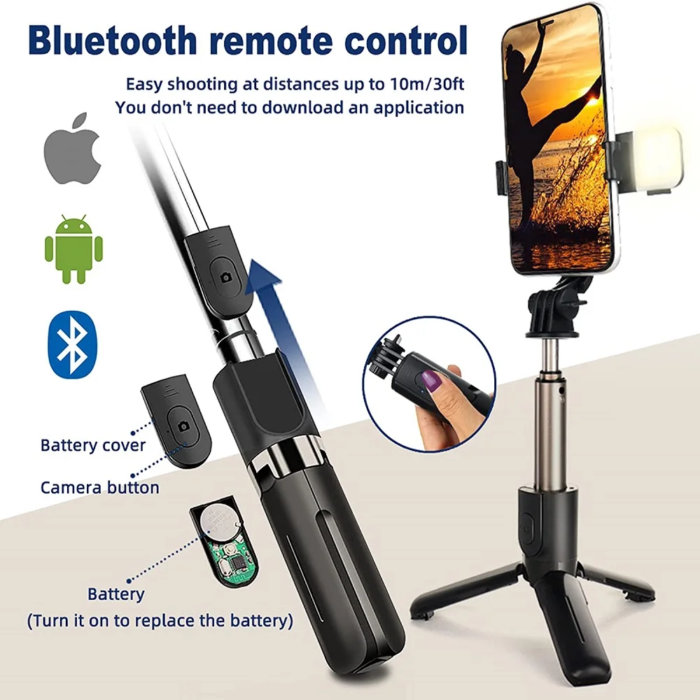 

Беспроводная селфи-Палка с Bluetooth, складной мини-штатив для телефона с заполняющим светом, пультом дистанционного управления для IOS, Android
