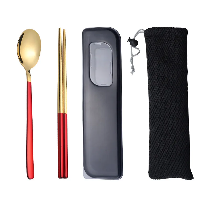 

2Pcs Portable Stainless Steel Picnic Cutlery Set with Box Kitchen Tableware Student Chopsticks Spoon Dinnerware Home Utensils