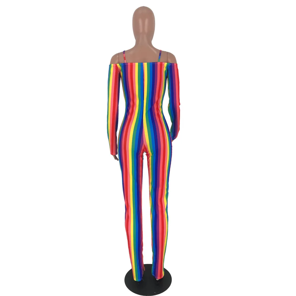 

2019 Rainbow Striped Strap Sexy Jumpsuits Women Off Shoulder Club Bodysuits 2019 Fashion Casual Female Romper Open Slit Clothes