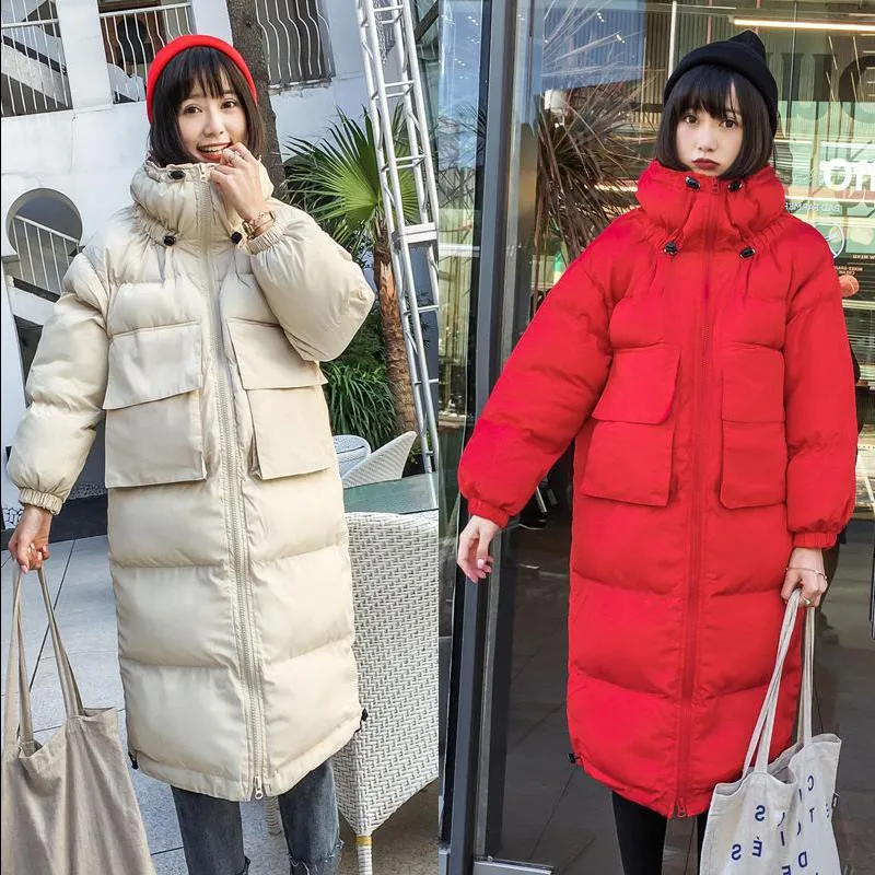 

Harajuku Fashion Pockets Casual Loose Winter Jackets Women Stand Long Padded Coat Ladies Solid Colors Parka Top Oversize f2194