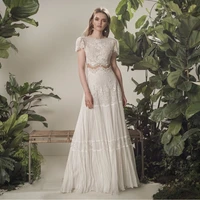 charming latest ivory two pieces bridal wedding dresses lace short sleeves bateau neckline wedding gowns for bride backless 2021