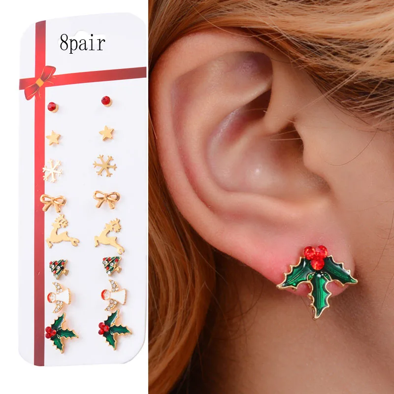 8 парт/компл. серьги гвоздики в виде рождественской елки снеговика оленя