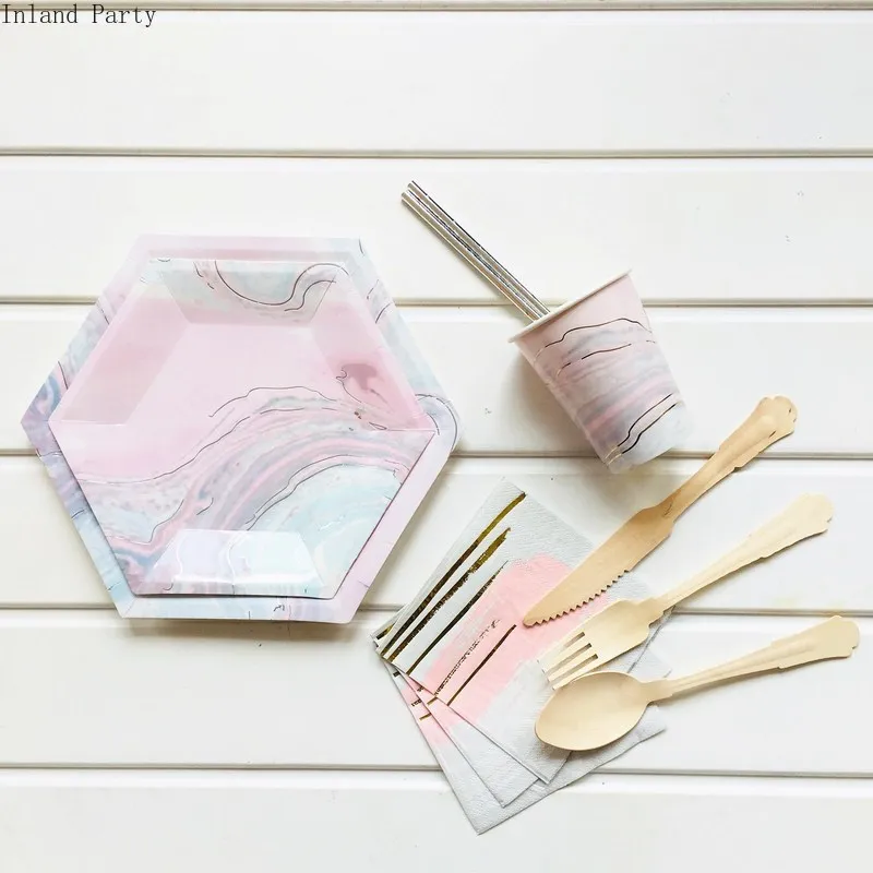 Шестигранные набор одноразовой посуды одноразовых бумажных тарелок соломенная