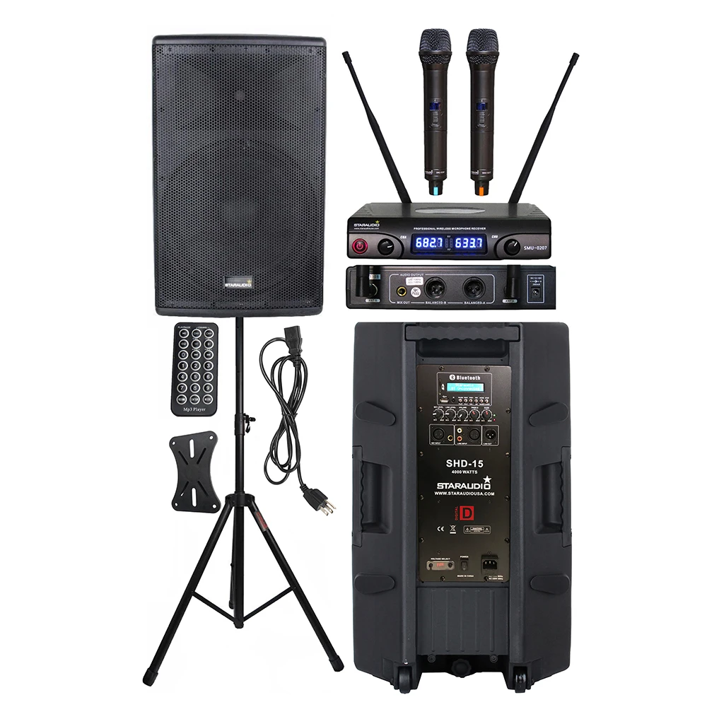 

4000W 15" Powered PA Active Bluetooth Speaker System Stage Stand 2CH UHF Wireless Handheld Mic System SHD-15+SSS-018+SMU-0207A