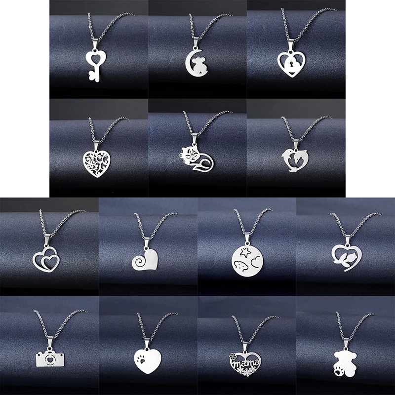 

Ожерелье из нержавеющей стали серебристого цвета для женщин и мужчин, кулон в виде сердца, дельфина, кота, лапы, длинная цепочка, ожерелье, Юв...