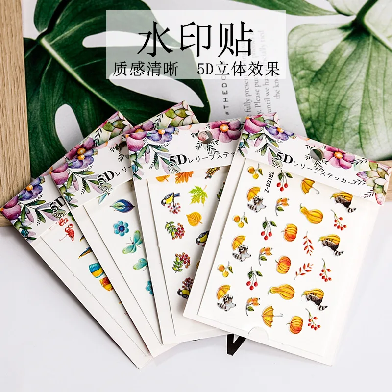 

2022 5D Acrylic Engraved Natural Bee Nail Sticker Nail Water Decals Animals Insects Color Leaf Empaistic Nail Water Slide Decals