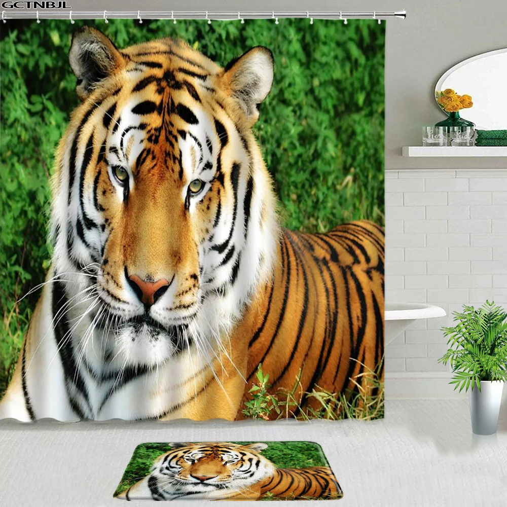 

Tiger Shower Curtains Set Animal Forest Landscape Bath Mats Bathroom Rug Screen Room Decoration Entrance Door Mat Doormat Carpet