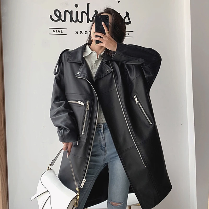 

Nerazzurri Autumn Oversized Black Long Womens Leather Jacket Long Sleeve Sipper Spring Loose Faux Leather Coat Streetwear 2021