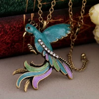 vintage phoenix gem enamel pendant necklace glazed peacock bird long necklace women ethnic jewelry christmas gifts