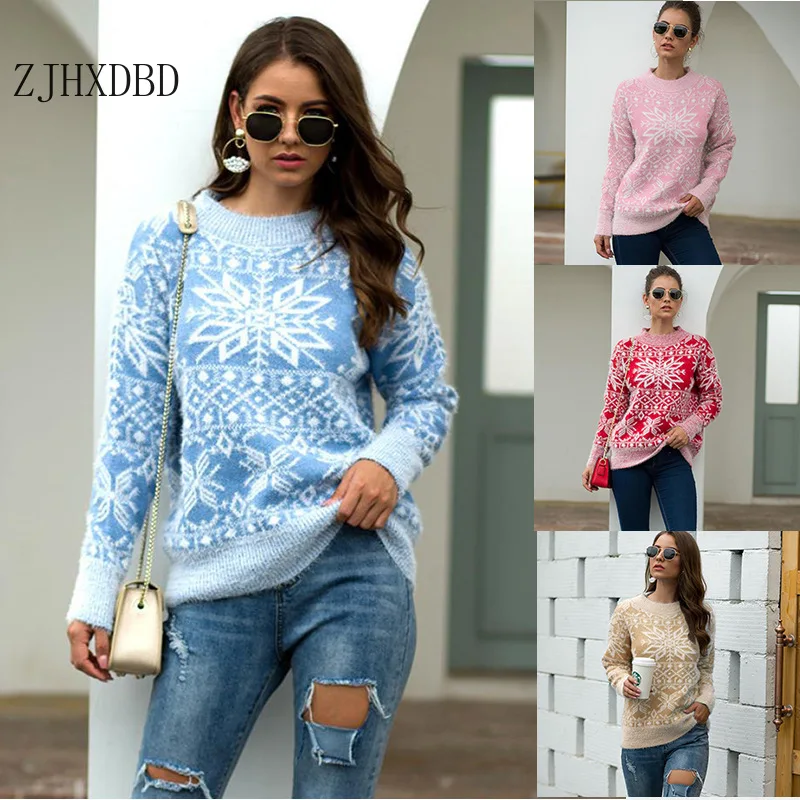 

2020 Vintage Merry Christmas Sweaters Women Long Sleeve Autumn Winter Snowflake Print Knitted Female Pullover Chic Top Jumper