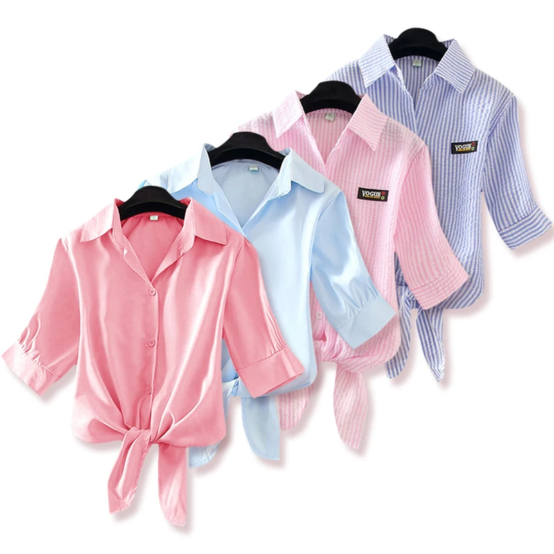 Женская короткая блузка с галстуком спереди розовая белая синяя желтая размера