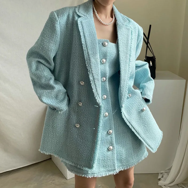 

Chic Elegant Ripped Edge Dress Set For Women Spring Autumn High Street Long Sleeve Loose Blazer Jacket + Sleeveless Mini Dress