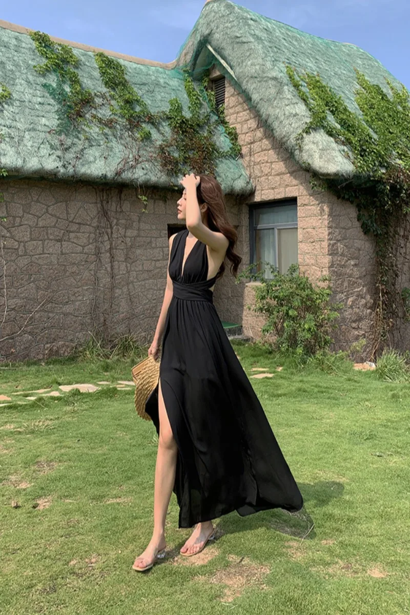 

2021 Halter V-neck halter chiffon dress female summer slim beach skirt seaside vacation travel super fairy long skirt