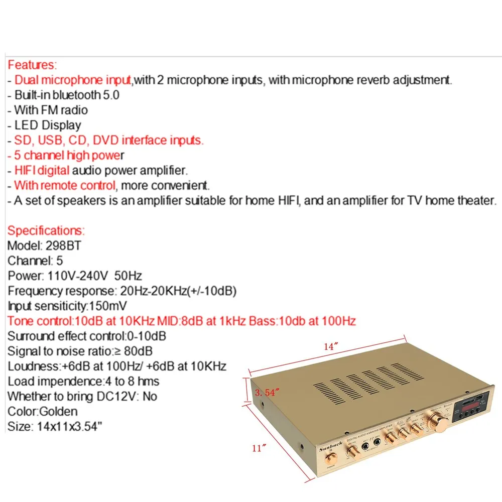 bluetooth Power Amplifier LCD Display Audio HiFi 800W 220V-240V 50Hz 5CH Home Theatre FM Radio Support SD/USB 2 Mircophone
