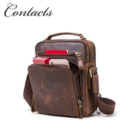 contacts genuine crazy horse leather vintage men crossbody bag zipper messenger bags for men luxury male handbag shoulder bag