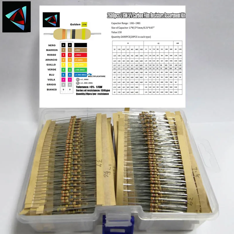 

2600Pcs/Lot 1/6W 5% 1R~10M Ohm 130ValuesX20Pcs Carbon Film Resistor Kit Pack Samples Assorted