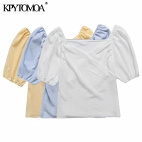 kpytomoa women 2021 sweet fashion cropped crossover blouses vintage v neck puff sleeve female shirts chic tops