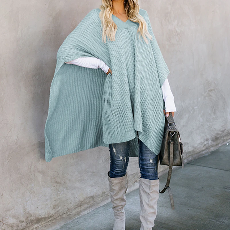 Women's Autumn Winter Sweater Split Batwing Sleeve Long Coat Female Casual Loose Knitted Pullover Solid Pink Cloak Jumper | Женская