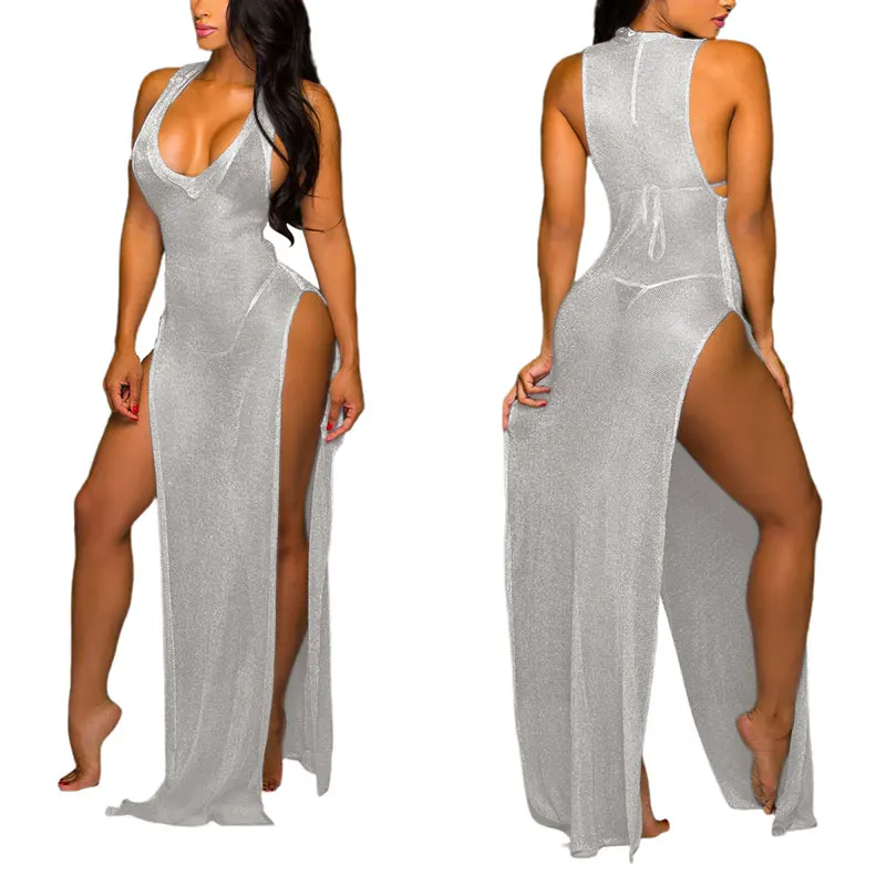

Sleeveless Beach Club High Slit Party Bodycon Deep V Neck Solid Dress