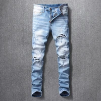 streetwear denim punk pants retro light blue slim fit fashion men jeans destroyed patches designer hip hop ripped jeans for men