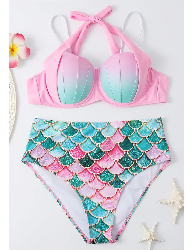 

Mermaid scale print split swimsuit sexy high waist bikini XYY-194