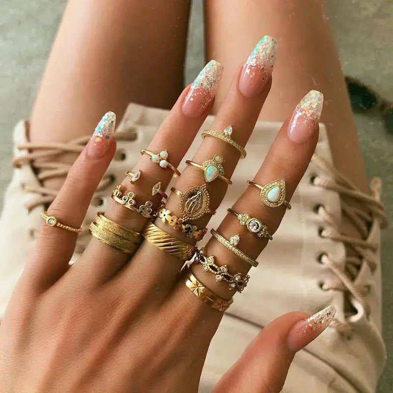 

Bohemian Women Rings Anise Star Crown Cross Snake Drops Geometry Crystal Joint Gold Ring Set Personality Lady Wedding Jewelry