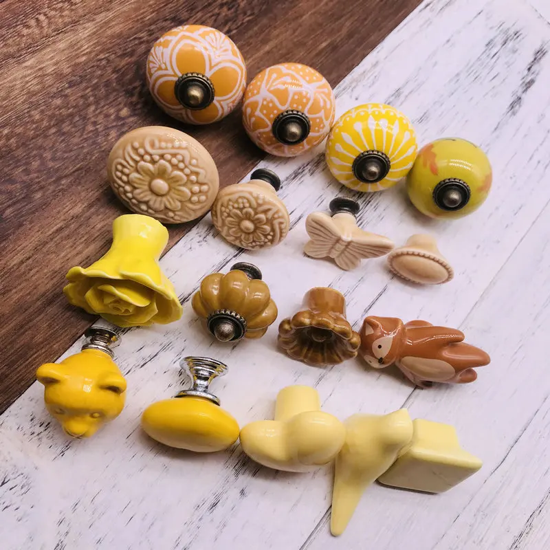 Яркие желтые керамические дверные ручки разные узоры кухонная ручка для шкафа