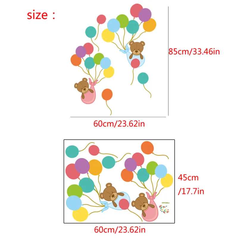 

Wall Sticker Cartoon Bear Colorful Balloons Pattern PVC Self-Adhesive Removable Stickers Bedroom Decorative Wallpaper Home Decor