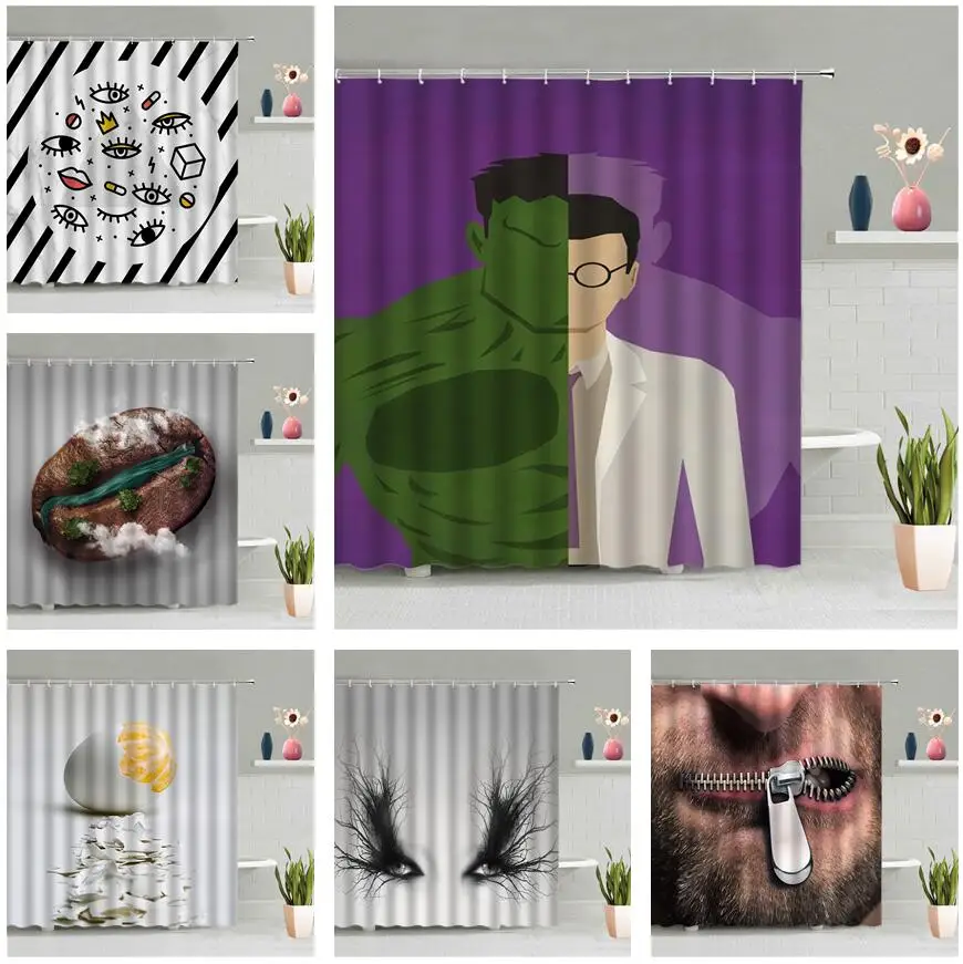

Strong Muscle Man Shower Curtain Rivers Forest Tree Eye Mouth Lips Creative Wing Egg Fruits Robot Bathroom Accessories Set Decor
