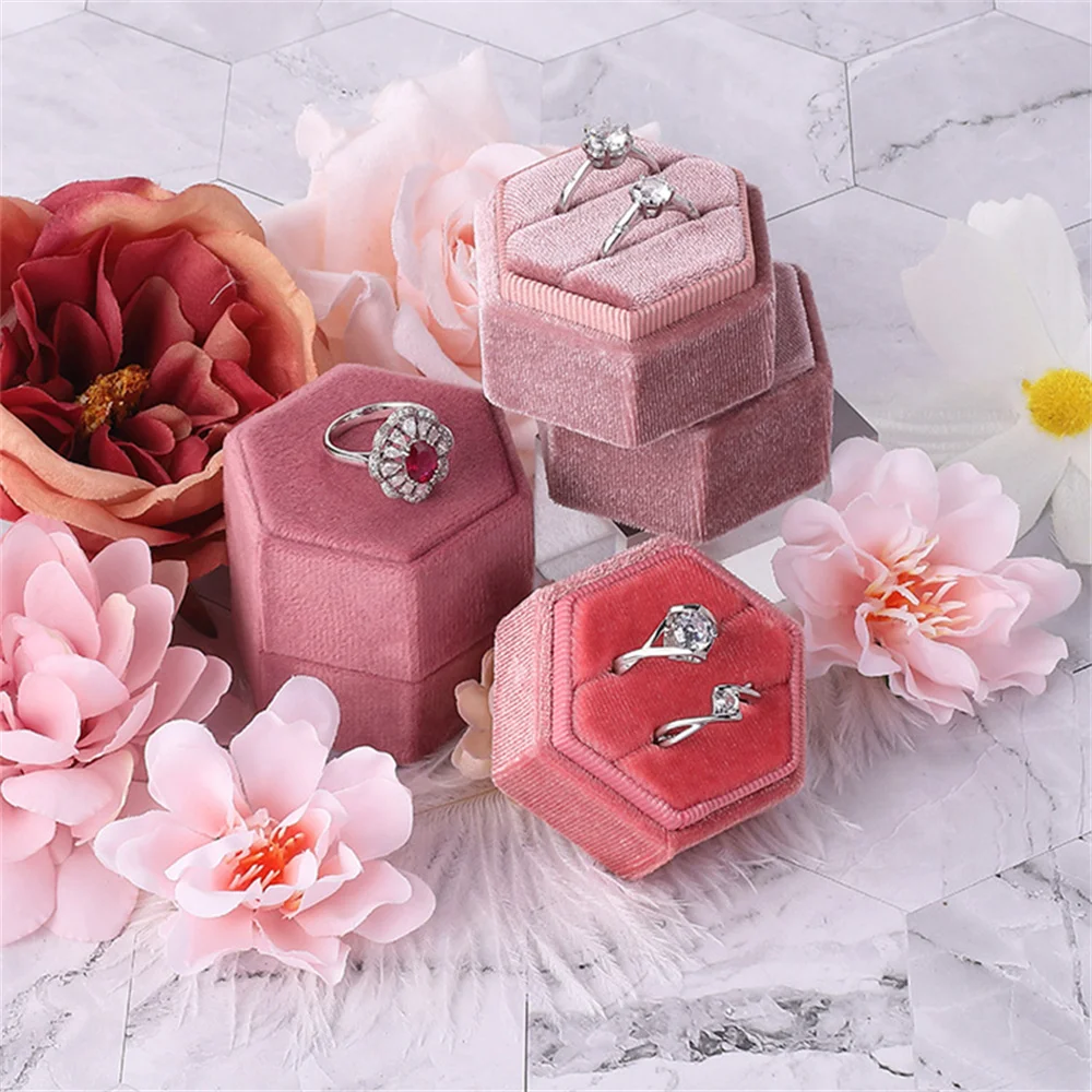 

Hexagon Ring Box Jewelry Storage Box Velvet Double Rings Box For Wedding Proposal Engagement Exquisite Jewelry Gift Box
