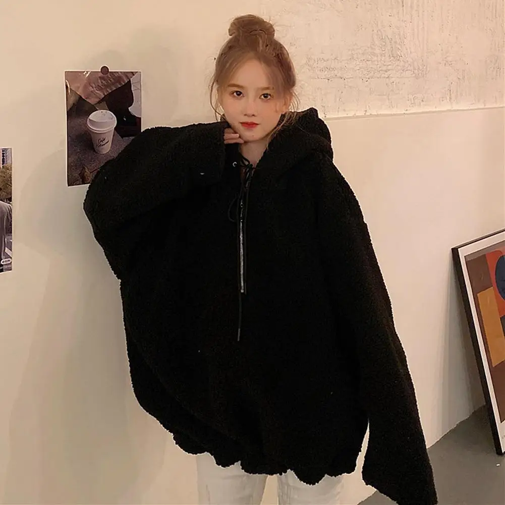 Women Winter Long Sleeve Half Zipper Faux Fleece Warm Oversize Hoodie Sweatshirt