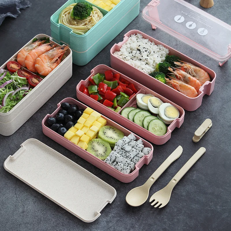 

Контейнер Bento, безопасный для микроволновой печи, не содержит Бисфенол А, 3 составных ланч-бокса со стандартной вилкой для детей и взрослых, 1 ...