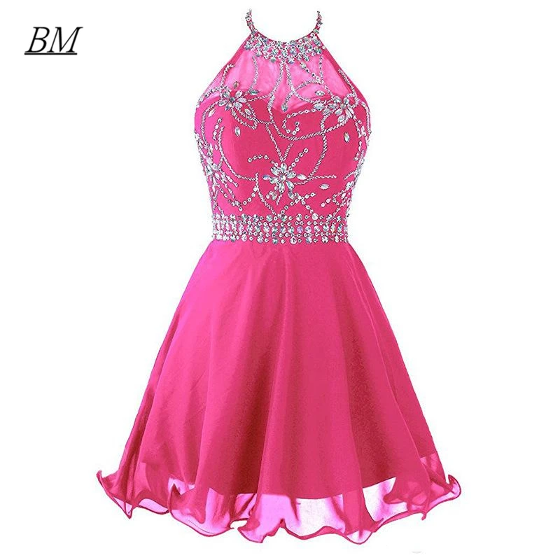 

Elegant Beaded Crystal Chiffon Short Prom Dresses Halter Neckline Formal Evening Party Graduation Special Occasion Gowns BM768